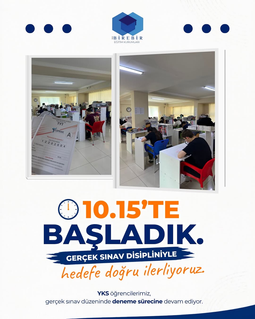 ⏰ 10.15’te başladık, hedefe doğru ilerliyoruz.

Gerçek sınav disipliniyle gerçekleşen deneme sürecimizde, YKS öğrencilerimiz gerçek sınav düzeninde çalışmalarına devam ediyor.

📚 Düzenli çalışma, doğr